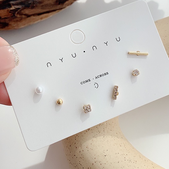 Anting Stud 925 Needle Bentuk Geometris Aksen Mutiara Berlian Imitasi Gaya Korea Untuk Wanita