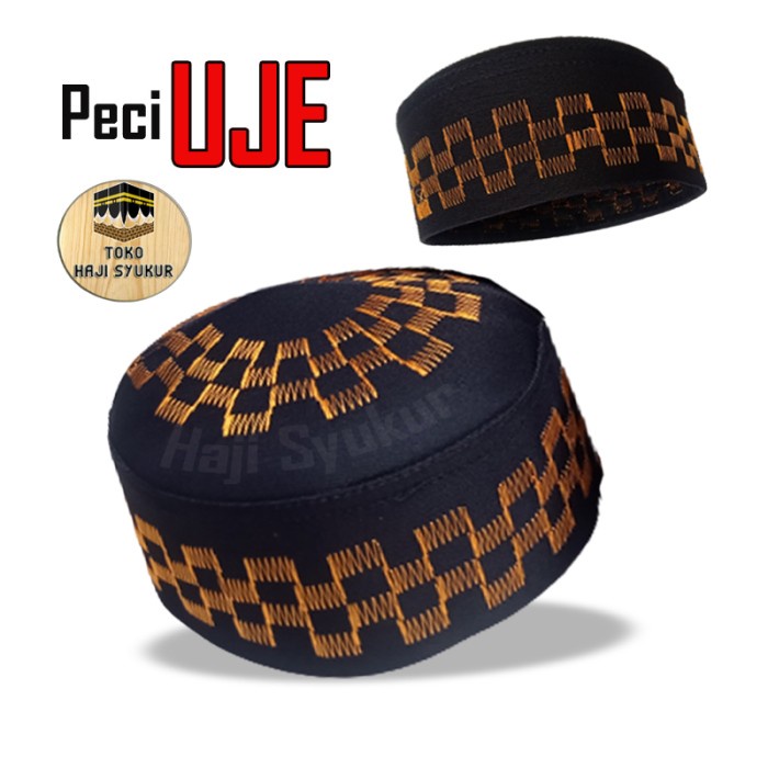 Kopiah Peci Uje Peci Hitam Motif Kuning