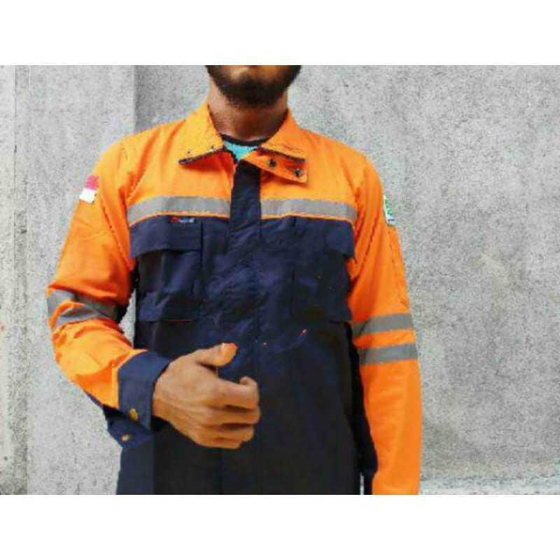 BAJU SAFETY SERAGAM KERJA ATASAN SEMI JAKET FREE LOGO K3 BENDERA