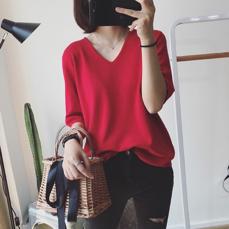 ATASAN BLOUSE KNITT IMPORT MODEL V LENGAN 7/8 (BJCN1008)