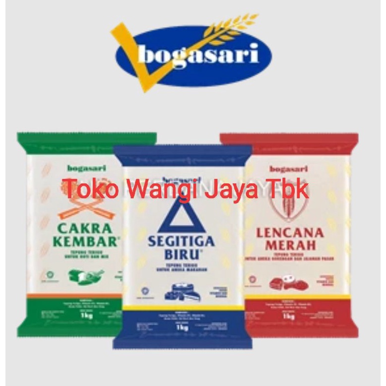 

Terlaris!! Tepung Terigu Bogasari Segitiga biru,Cakra Kembar,Lencana Merah Kemasan 1kg