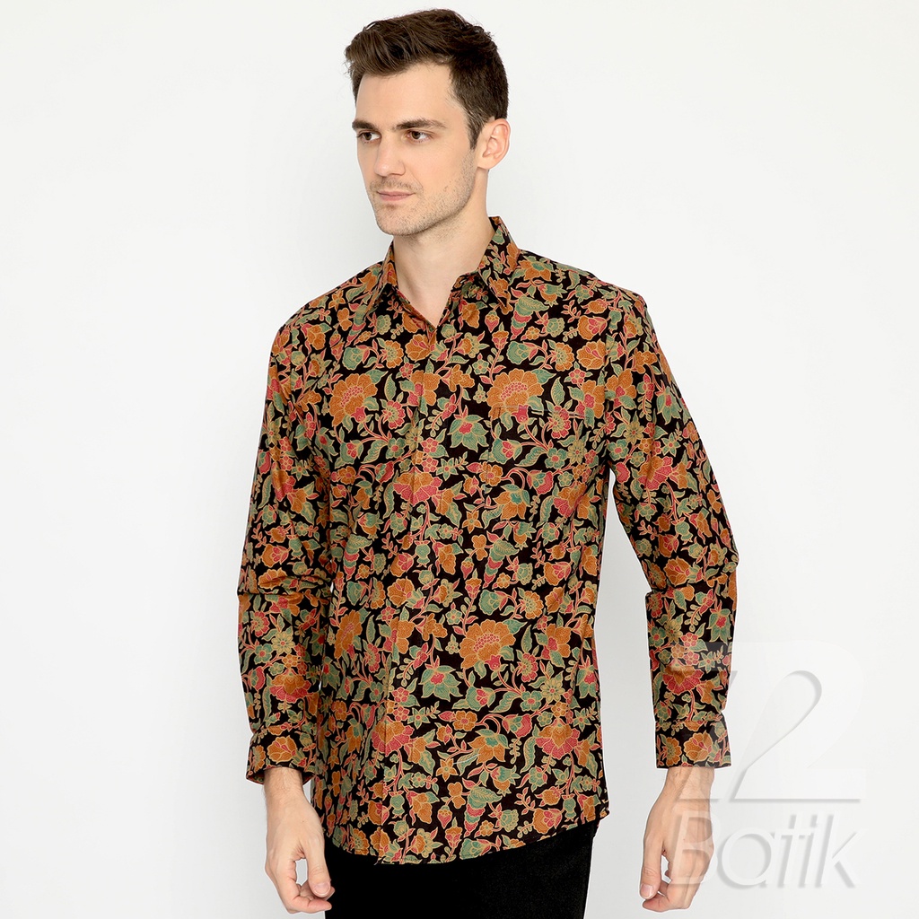 BAJU BATIK PRIA Kemeja Lengan Panjang Slimfit Premium Elegant Warna Hitam Orange Hijau 727393 Cap 72 - Baju Kemeja Atasan Pakaian Setelan Batik Pria Cowok Laki Laki Remaja Keluarga Kantor Lengan Panjang Modern Slimfit Slim Fit Premium Kekinian