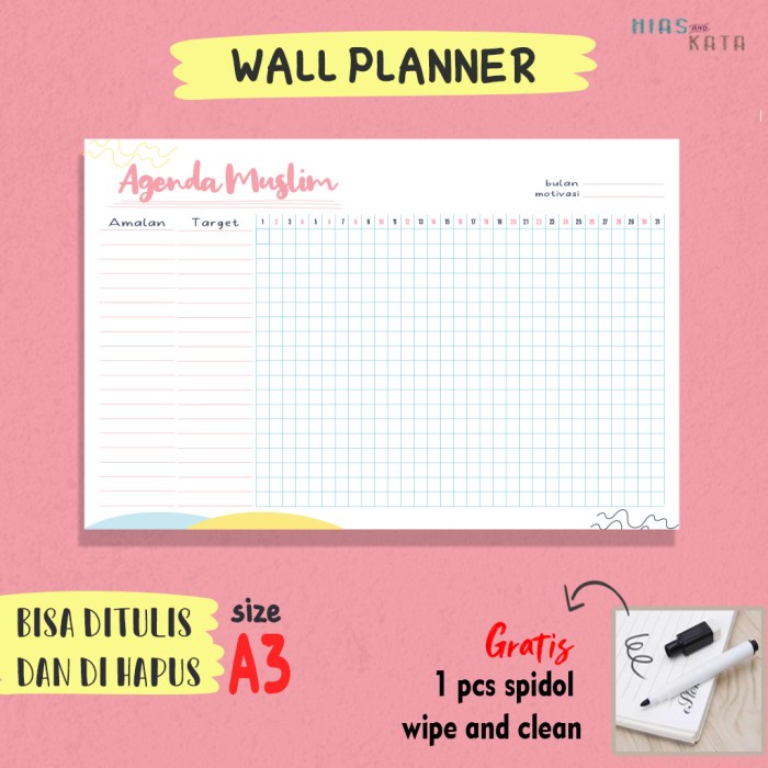 

Aman Agenda Muslim & Muslimah Planner Dinding (Free 1 Spidol Wipe & Clean) Bagus