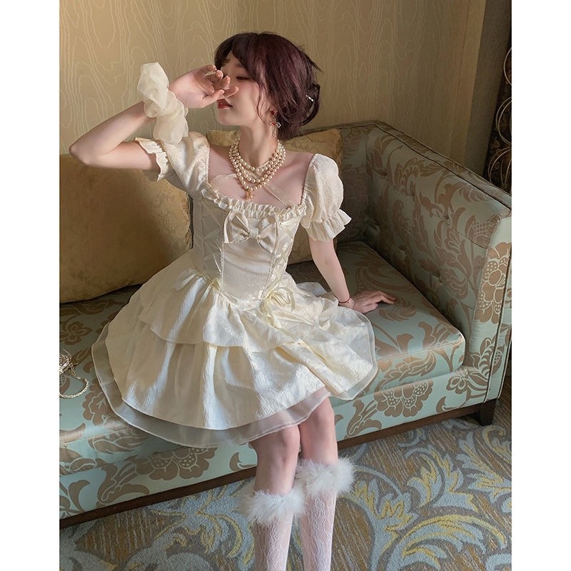 Red Busur Puff Lengan Mesh Gaun Putri Musim Panas Jepang Lolita Renda Pinggang Jamur Fringe Puffy Dress