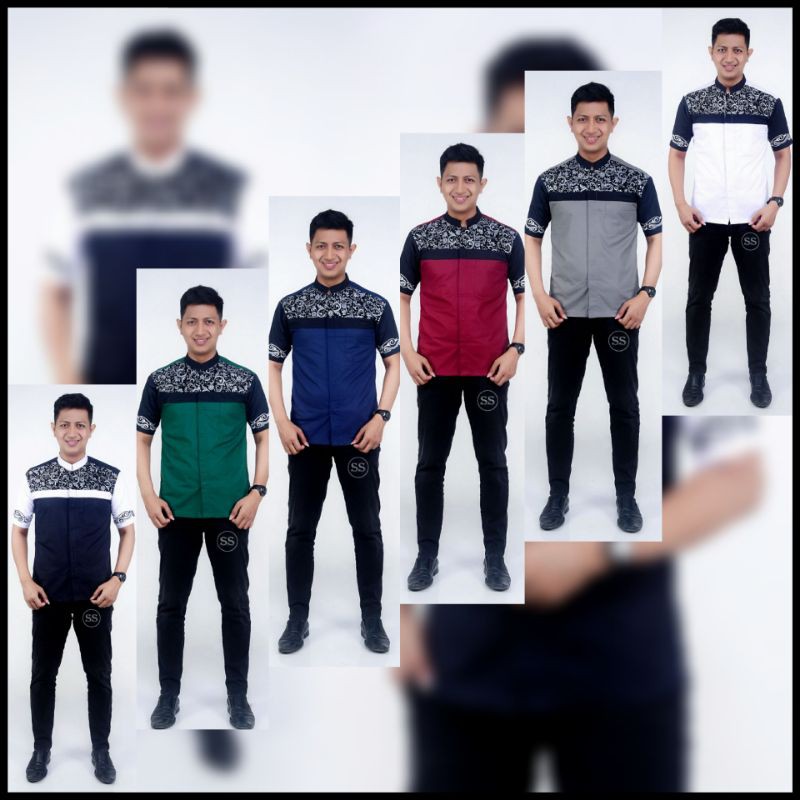 Baju Koko Terbaru 2021 - Baju Koko Pria Modern Lengan Pendek Casual Kombinasi Bordir Jahit RAPI