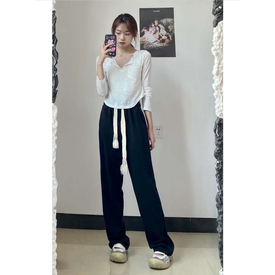 Celana Panjang Sweat Hitam Wanita Celana Olahraga Loose Highwaist Celana Jogger Tanpa Karet Casual Korean Style