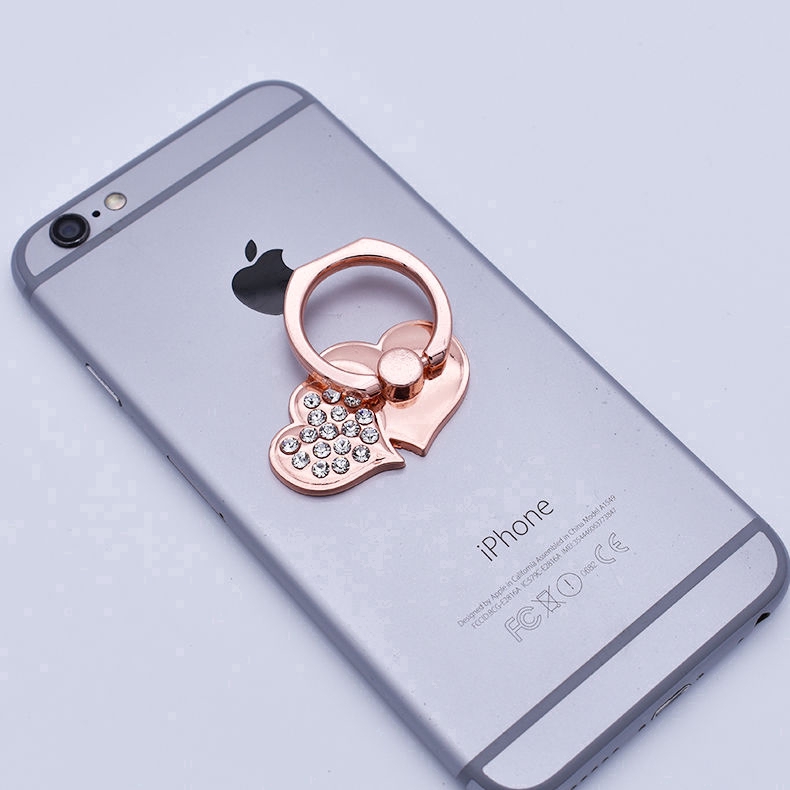 Heart-shaped Diamond Double Love Metal Ring Buckle with Diamond Back Stick Phone Stand