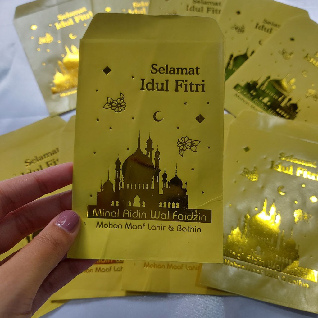 

Hayati Store Amplop lebaran idul fitri foil gold motif masjid isi 10 lembar