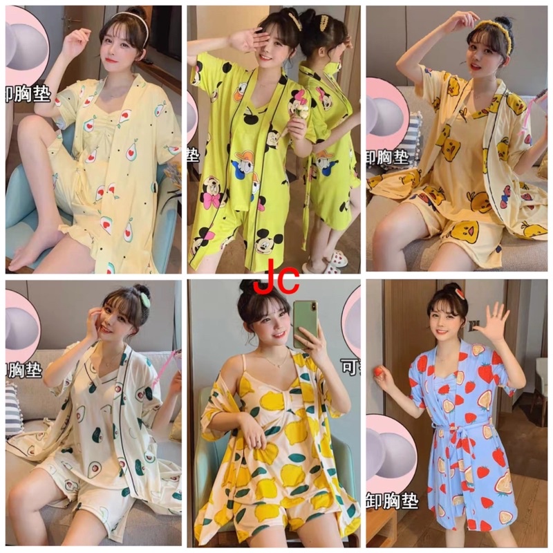 JC- Set Kimono 3in1 Import HP / Kimono Wanita 3in1 Murah / Piyama Kimono wanita Import