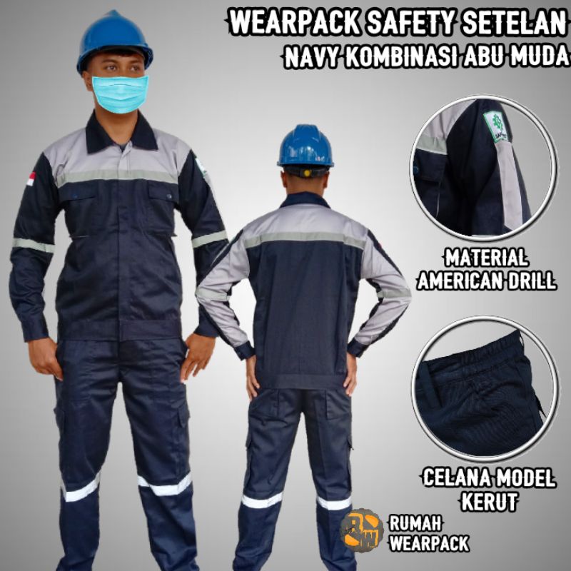 Setelan Wearpack Safety dan Celana Safety Warna Navy Kombinasi Abu Muda