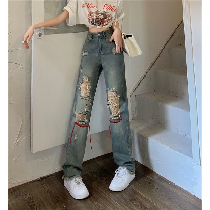 Red wanita new old wash hole hip-hop jeans women s brand high street women s spring and summer loose straight retro pants