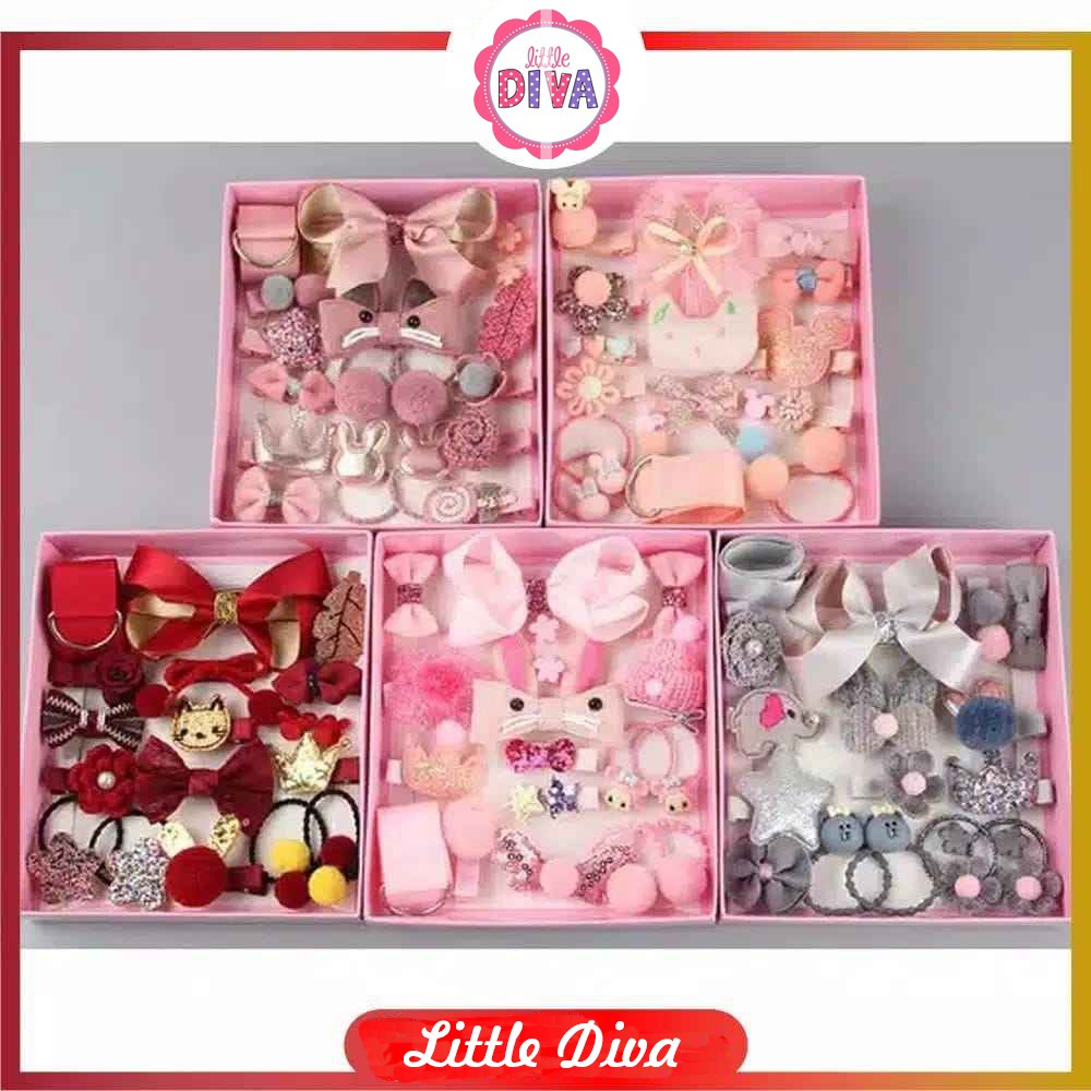 Set Aksesoris Rambut Anak Perempuan isi 18pcs 1 BOX HEAD Band IKAT KEPALA BAYI CEWEK Kuncir Set Karet Jepit Rambut Anak Bayi MOTIF LUCU chn