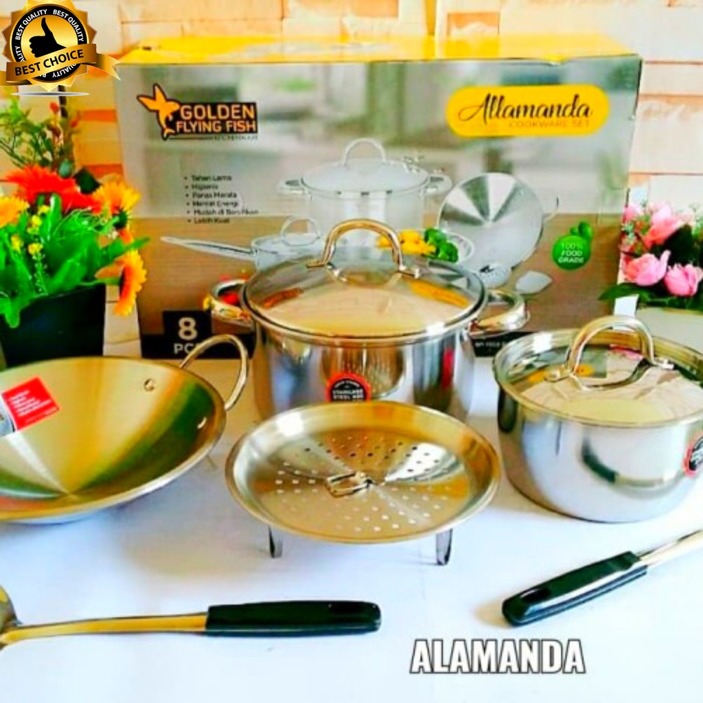 (BISA COD) PROMO Panci Set Golden Flying Fish Cookware Set Allamanda 8pcs STAINLESS STEEL Premium