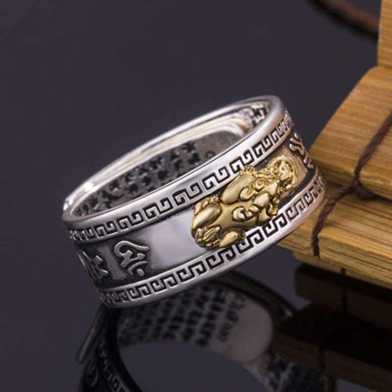 Wanita Pria Feng Shui Pixiu Charms Fashion Kekayaan Keberuntungan Cincin Buddha Mantra Kitab Suci Jimat Kekayaan Kebugaran Terbuka Adjustable Perak Rings