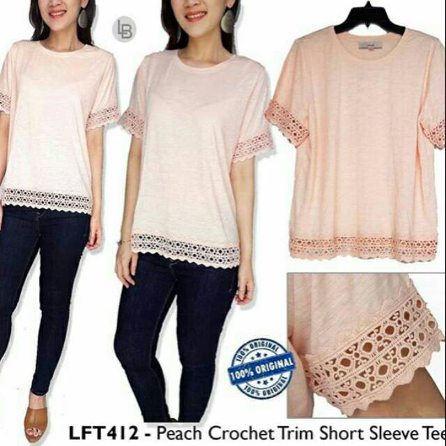 LOFT Peach Crochet Trim Short Sleeve Tee