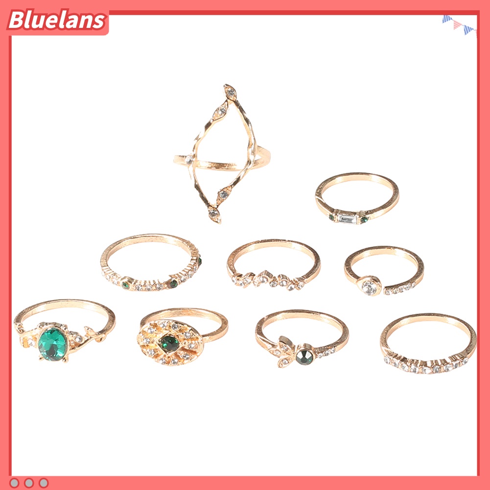 Bluelans 9Pcs / Set Cincin Buku Jari Aneka Bentuk Aksen Berlian Imitasi Untuk Wanita