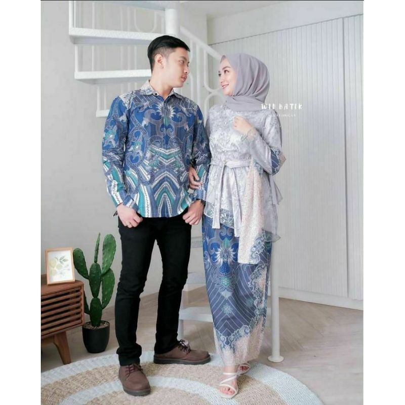 WID BATIK COUPLE SARIMBIT KEBAYA BROKAT TILLE MODERN SILVER ABU KEMEJA BIRU DONGKER PESTA KONDANGAN