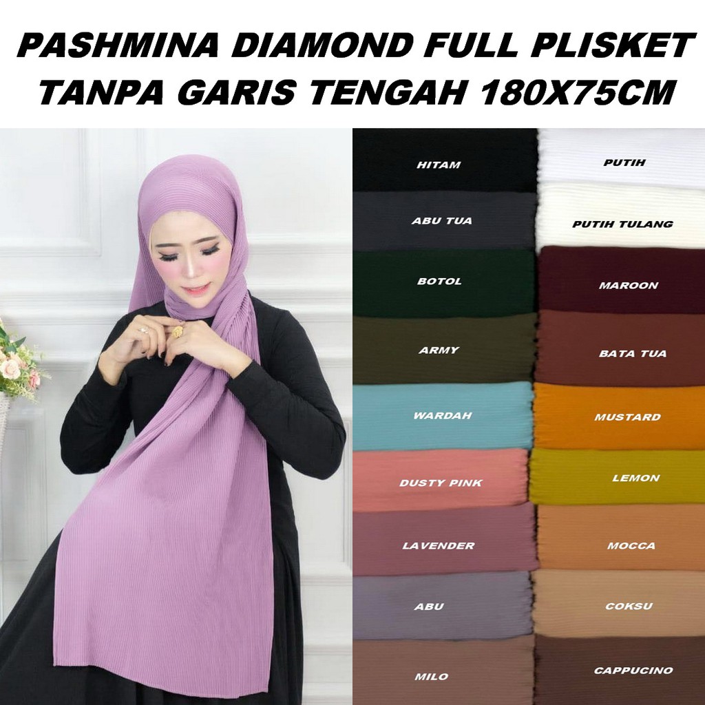 Hijab Pashmina Diamond Full Plisket Lidi Tanpa Garis Tengah 180x75cm