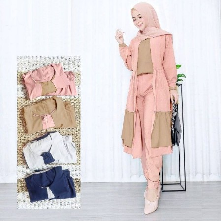 Setelan Rahmi Tunik Wanita Kekinian Motif Terbaru 2021 One Set Bahan moscrepe motif polos Premium