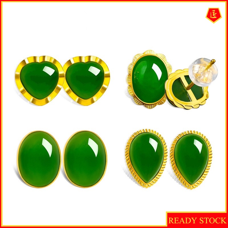 [Ready Stock]Elegant Exquisite 999 Gold Hetian Jade Agate Earrings