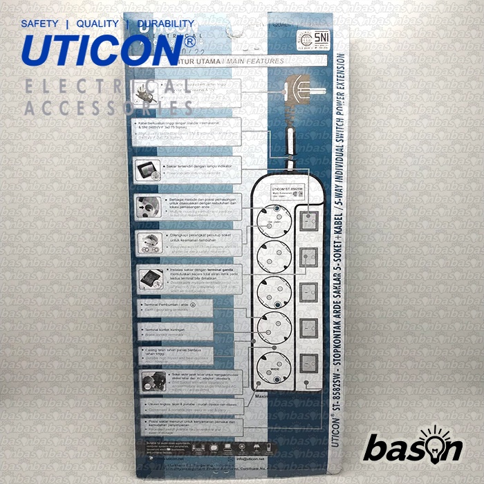 UTICON ST8582SW + 5 Lubang + Kabel 3 Meter - Stop Kontak + Saklar Individual