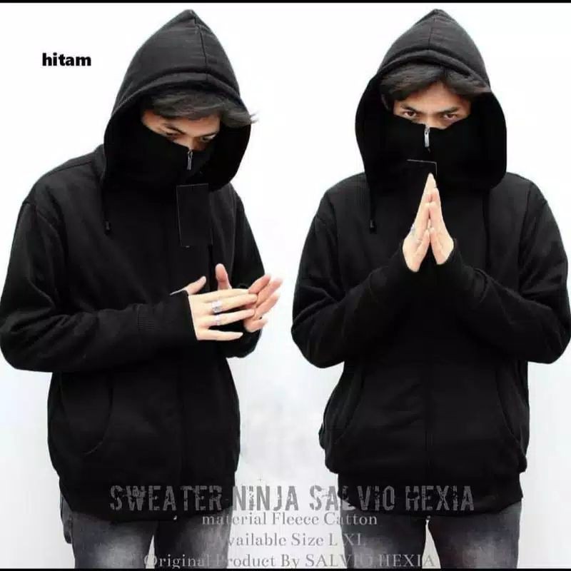 JAKET HOODIE SWEATER PRIA WANITA NINJA PENUTUP MULUT HITAM KEREN POLOS BIG SIZE JUMBO MURAH