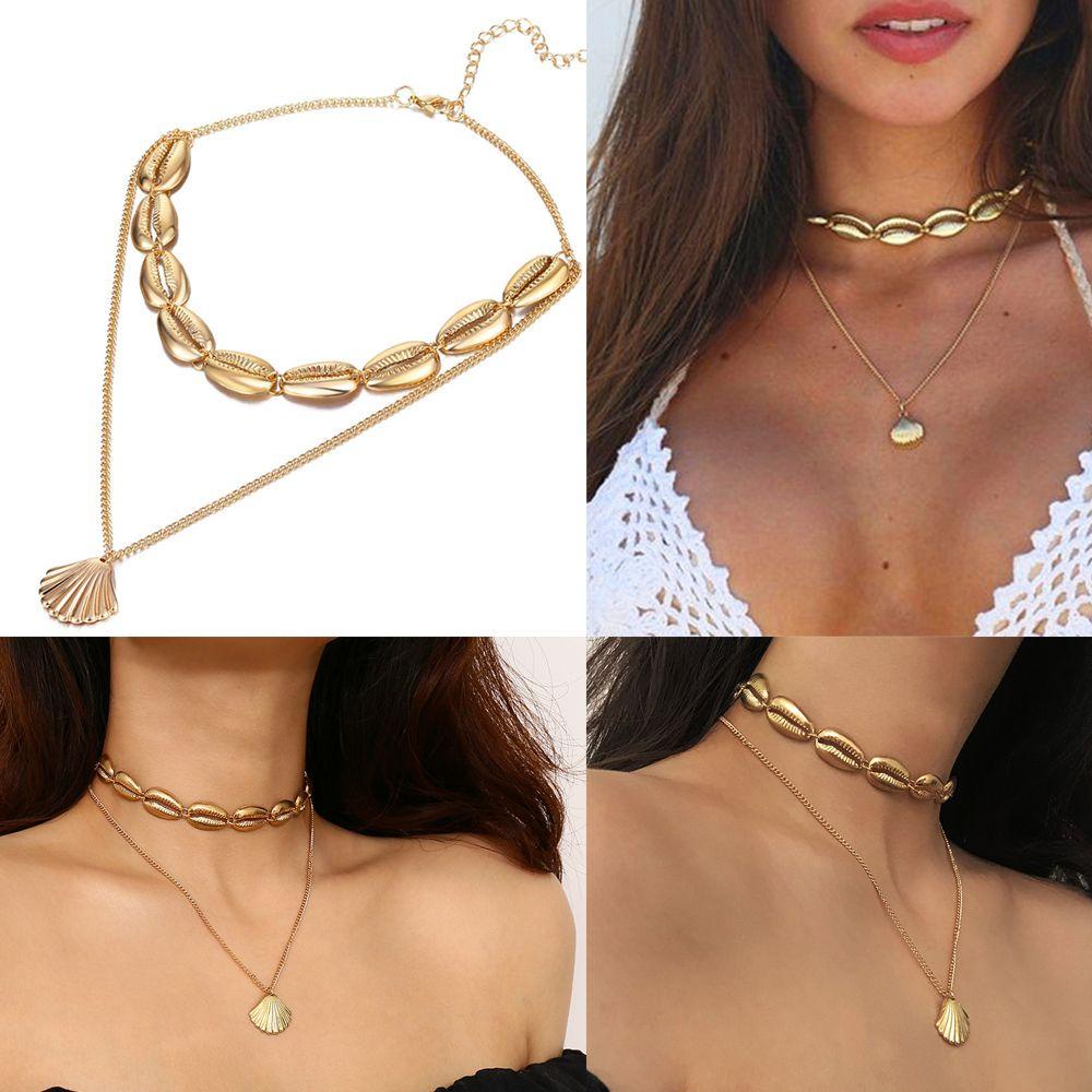 Lily Multilayer Shell Kalung Fashion Rantai Choker Perhiasan Pantai Emas