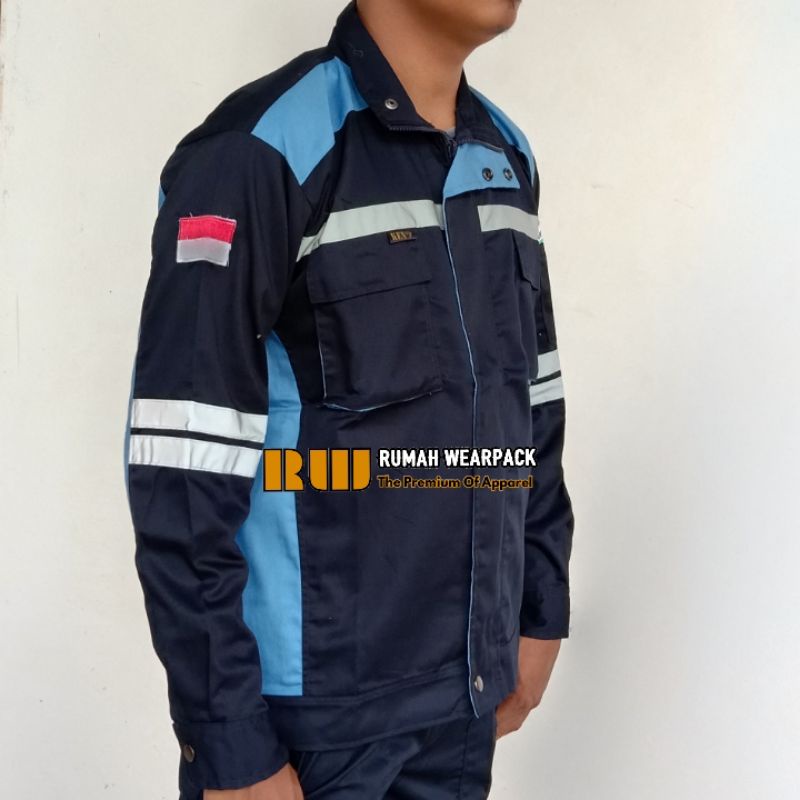 Semi Jacket Safety Wearpack Safety Jaket Kerja Atasan Navy Kombinasi Biru Langit