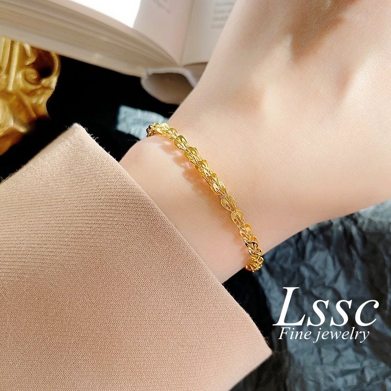 Gelang Titanium Asli Wanita Anti Karat Lapis Emas 18k Keberuntungan Perhiasan Korea