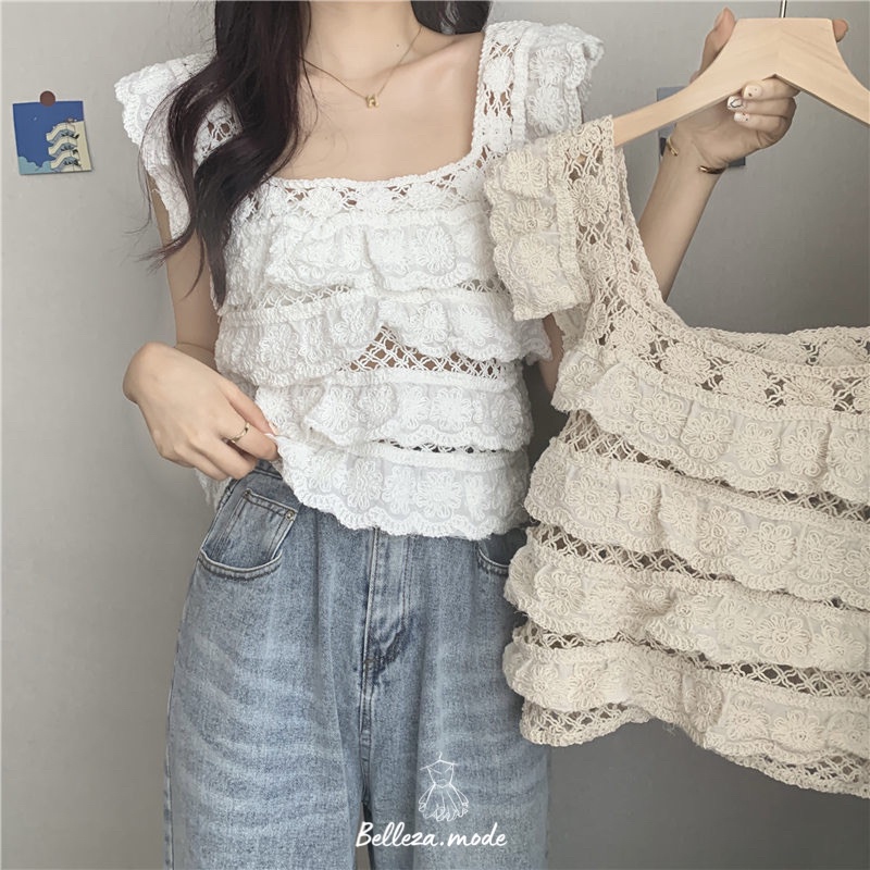 Tank Top Brukat Baju Pantai Outer Bikini Rompi crochet Vest Knit Bralette BH Rajut KoreanTop Atasan 