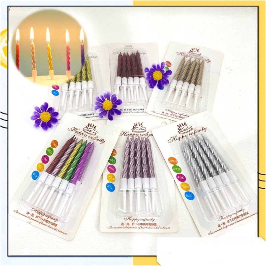 Lilin Ulang Tahun Spiral Kecil 10 Pcs Lilin Ulir Metalik Birthday Candle Party Warna Warni Lilin Spiral Metalic Pastel Polos Gold Murah Import