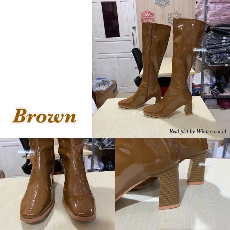 High knee boots import wanita glossy jessica sepatu overknee high knee boot cewek korea fashionable heels