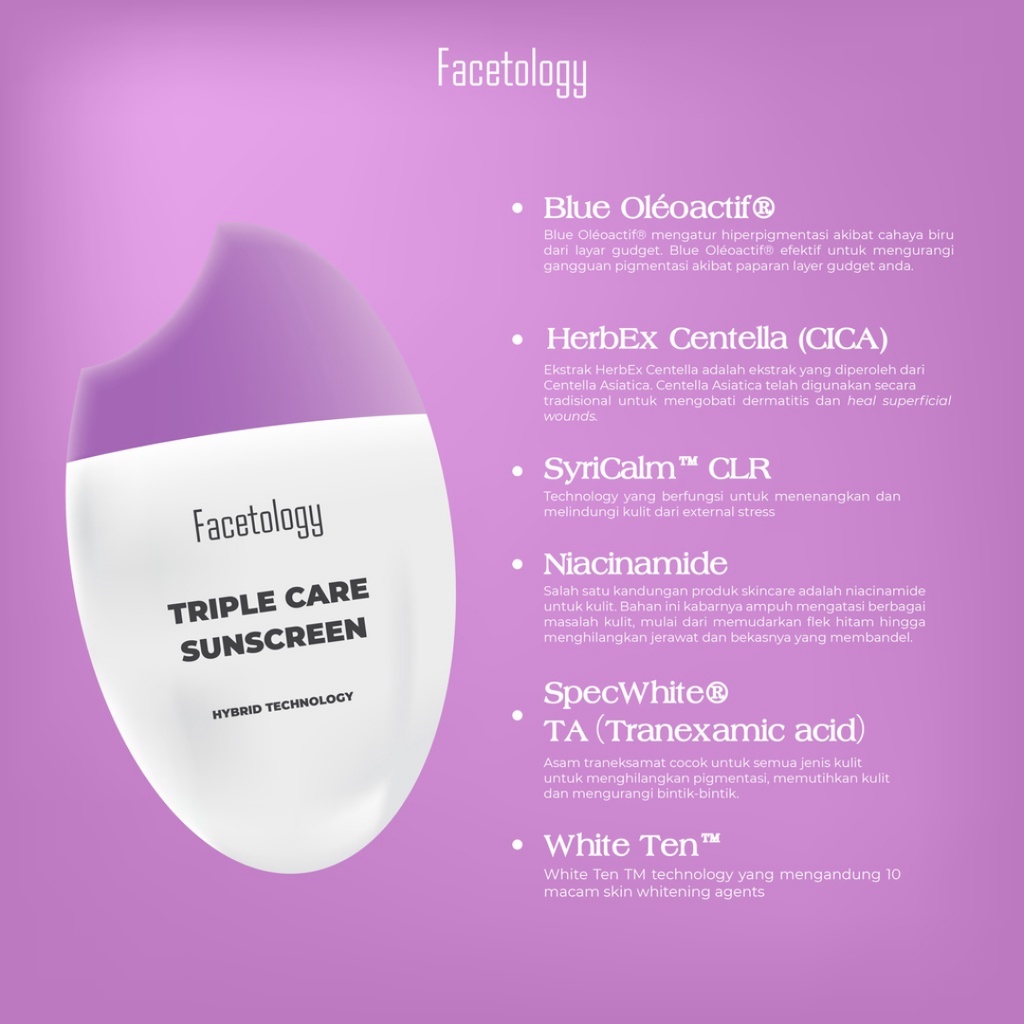 [ Agen Resmi ]  Facetology Triple Care Sunscreen SPF 40+ PA+++ | Sanscreen Wajah Tasya Farasha Original