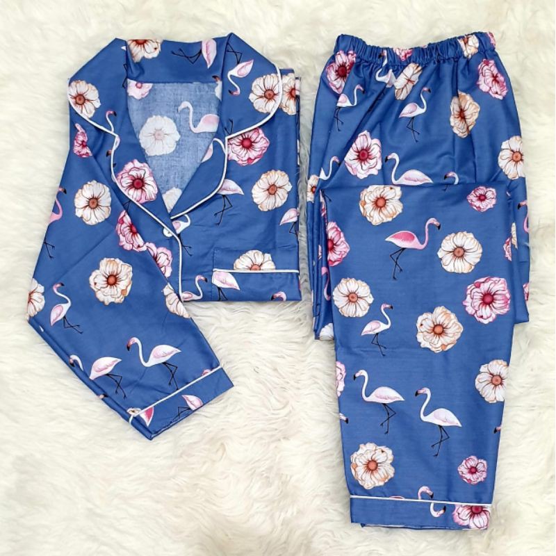 Baju tidur wanita piyama PP bahan soft katun adem lembut all size-Flamingo kecil