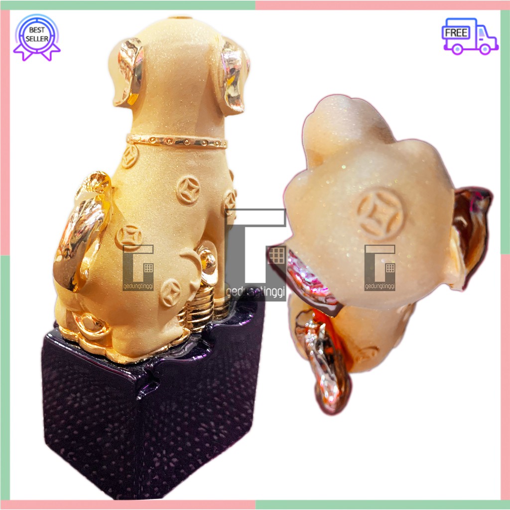 Patung Hiasan Pajangan Imlek Fengshui Hoki Rejeki Lucky 12 Zodiak Shio Anjing Chrome Emas Gold Resin