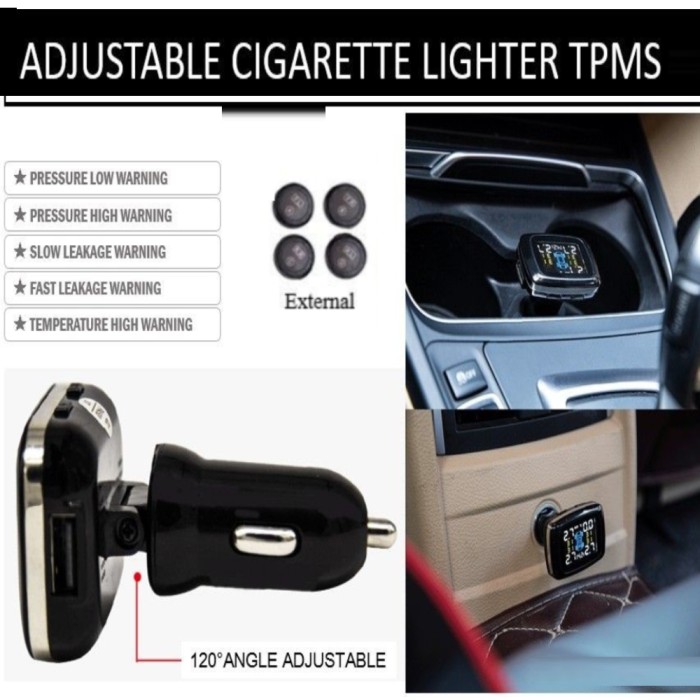 Solar Lighter TPMS + USB Charger Pengukur Pressure Tekanan Angin Ban Mobil