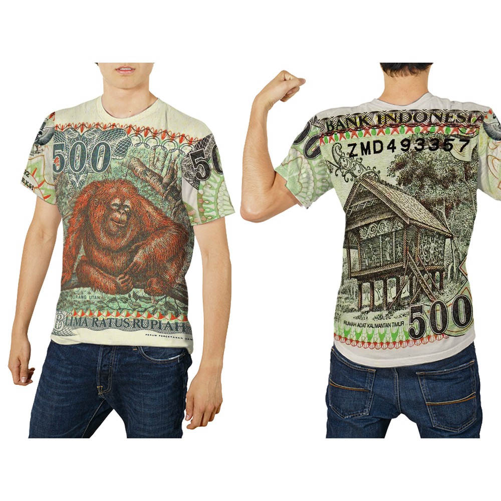 Kaos Baju Tshirt Uang 500 Lima Ratus Orang Utan Fullprint  Pria Wanita
