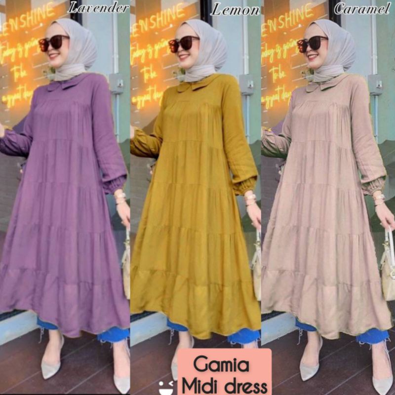 Gamia Dres Midi Dress Baju Wanita Rayon Viscose Premium Polos Wanita Kekinian Import Fashion Muslimah Casual Mewah 2022 Terbaik
