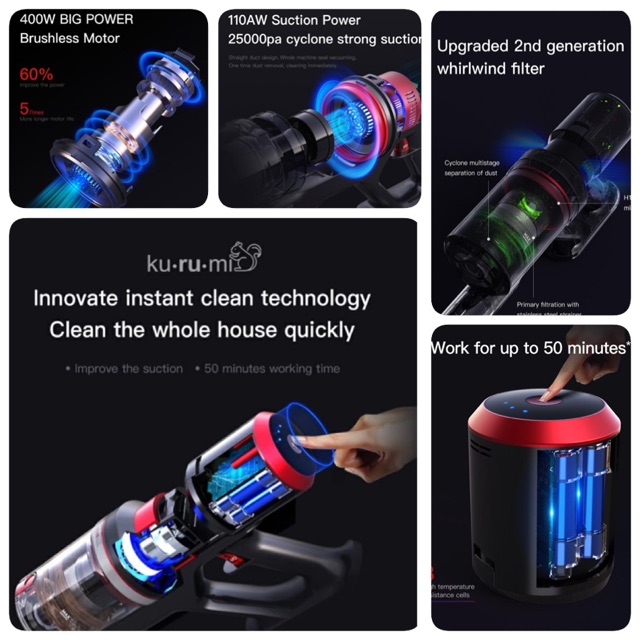 NEW PRODUCT !! KURUMI KV 06 Powerful Cordless Stick Vacuum Cleaner with UV + Mop Brush (Kurumi kv06)