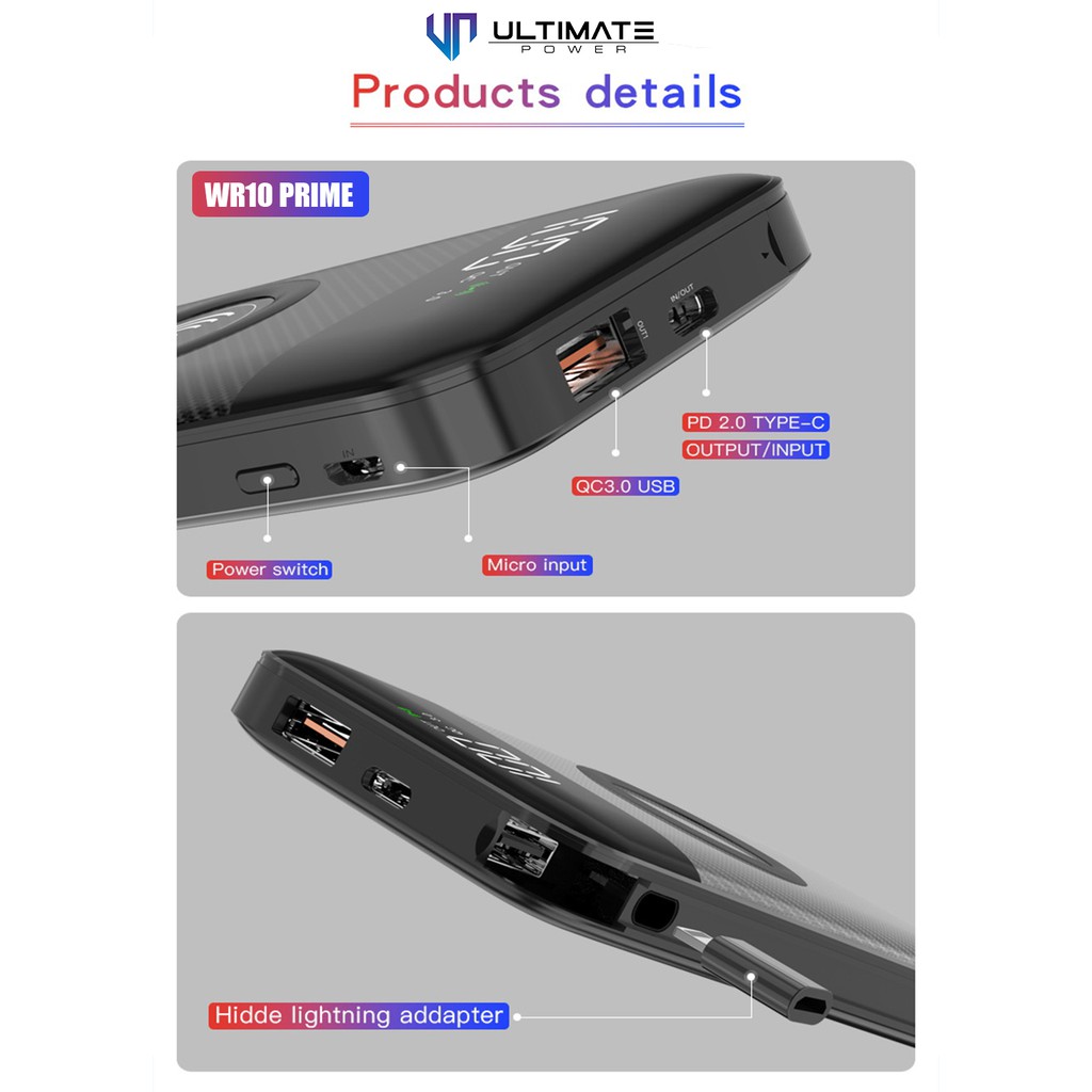 Ultimate Power WR10 Prime Fast Wireless Powerbank 10000mAh Built-In Cable + Adapter