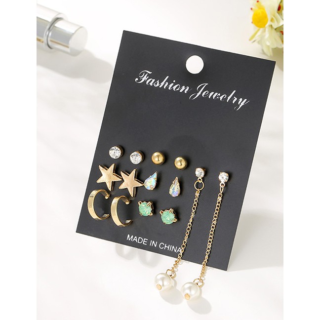 LRC Anting Tusuk Fashion Gold Star-studded Pearl Stud Earrings 7 Pairs D57196