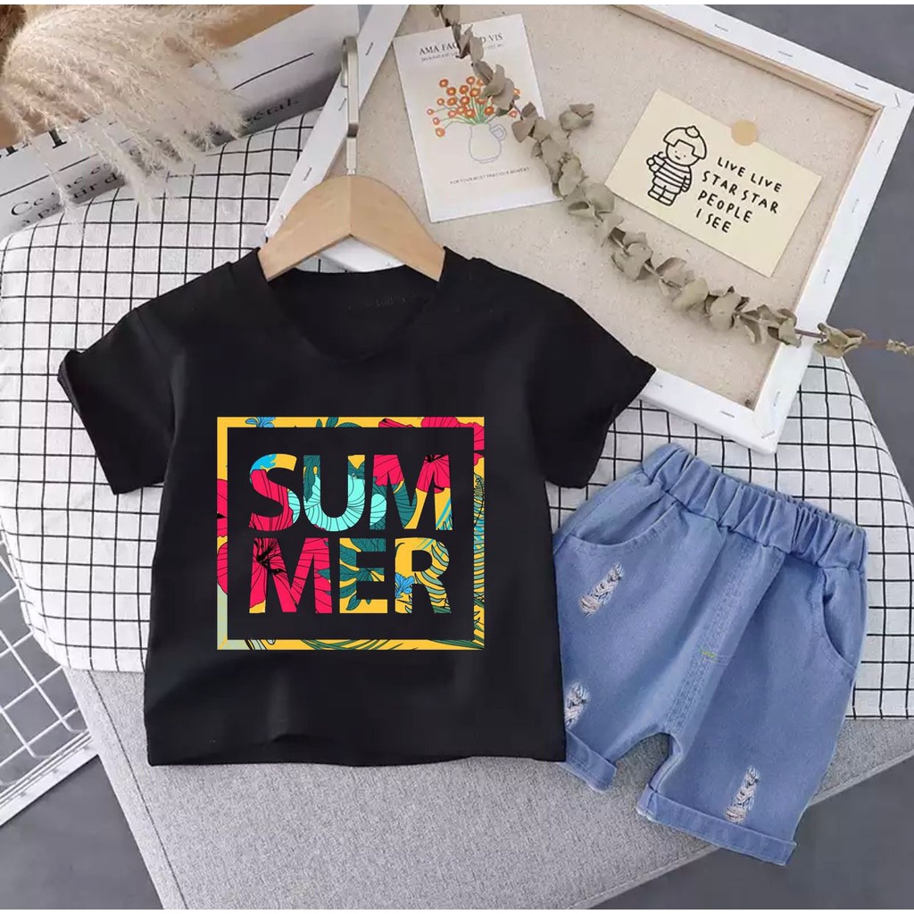 PROMO COD SETELAN KAOS DENIM ANAK LAKI LAKI MOTIF SUMMER TERBARU 1-5 TAHUN BAJU ANAK SETELAN ANAK PAKAIAN ANAK