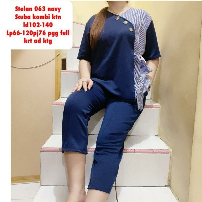 Setelan scuba combi katun salur big size 063