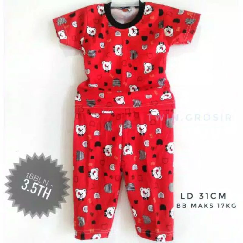 Piyama ISI 3 STEL Size S (2 3 4 Tahun) Lengan Pendek Celana Panjang Bahan DOUBLE KNIT