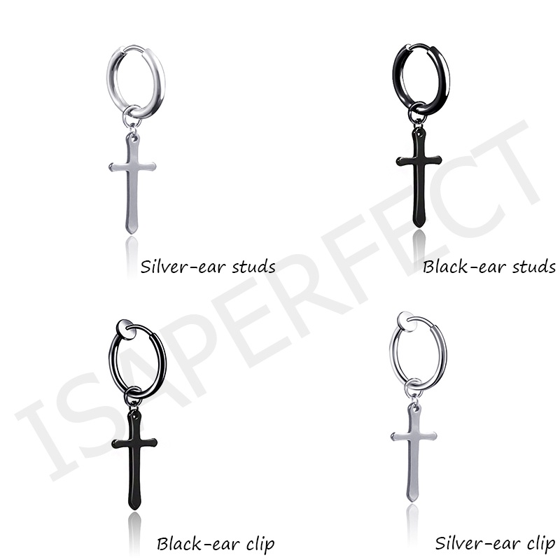 One Piece Korea Hip Hop Stainless Steel Hitam Jalan Cross Anting-Anting Gaya Punk Anting-Anting Pria Anting-Anting