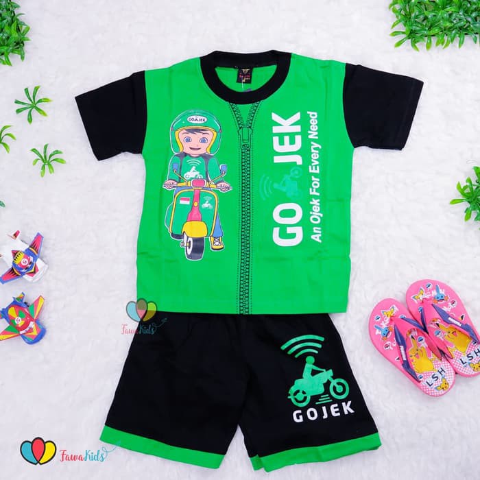 Grosir Setelan Anak GRAB & GOJEK uk 7-8 th u002F Kaos Lengan Pendek Celana Baju K