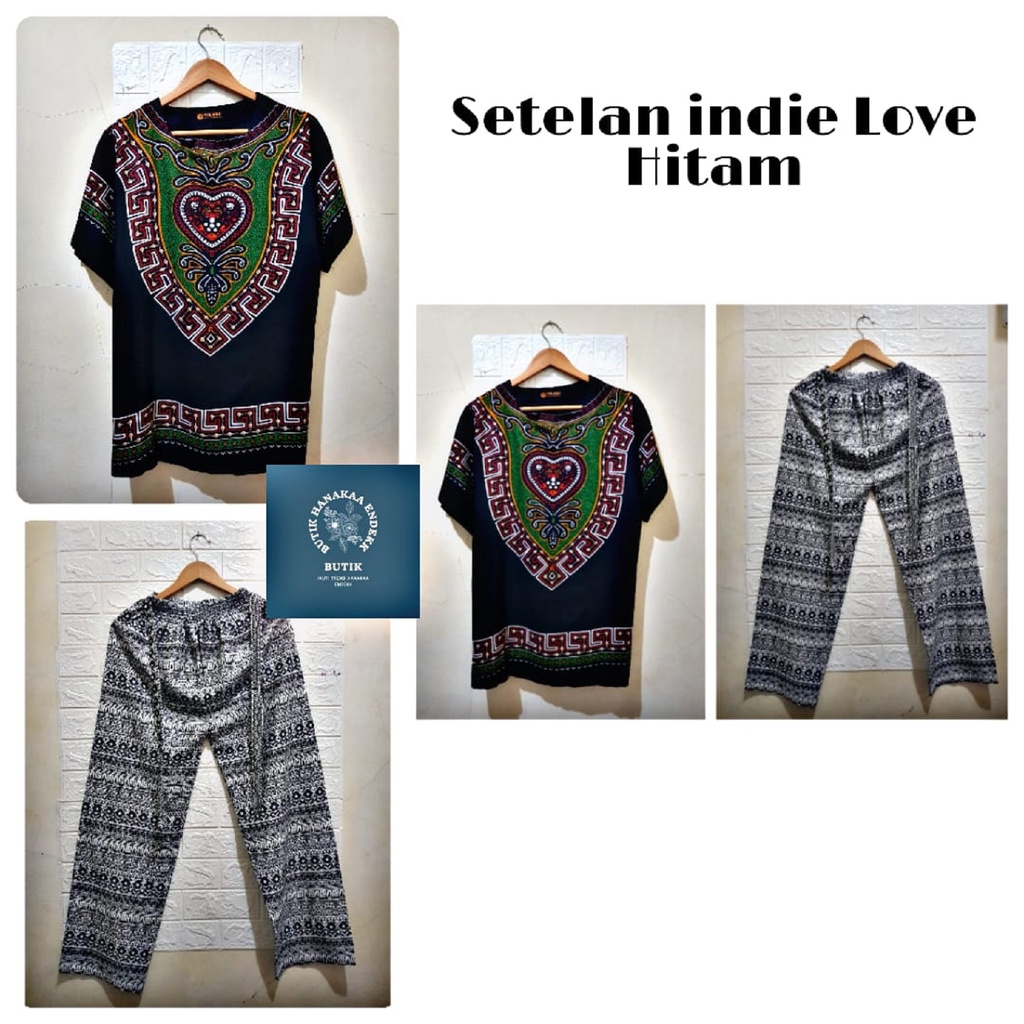 Set/Setelan Baju dan Celana Etnik Love Hitam Pria/Wanita (Unisex)