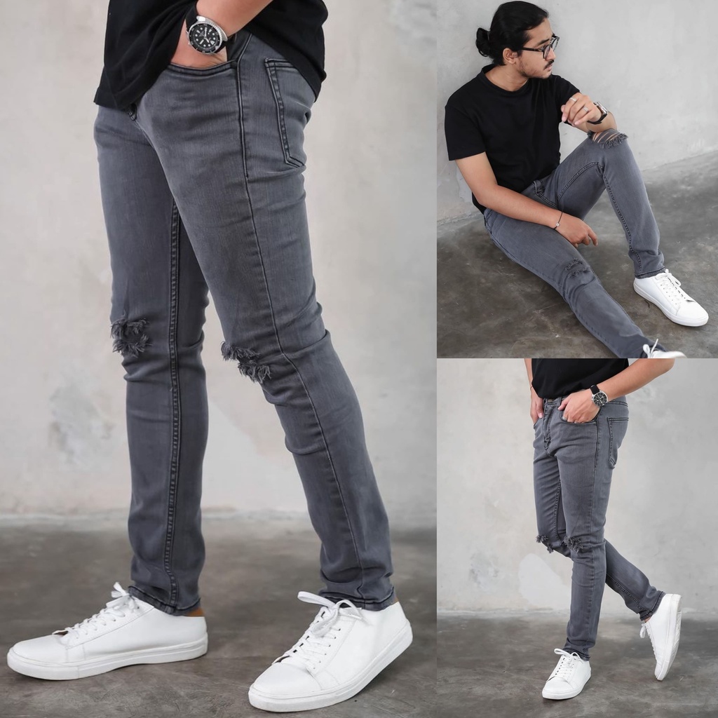 Celana Jeans Pria Sobek Lutut Slimfit Ripped Denim Pensil Softjeans Stretch Skinny Size 27-38