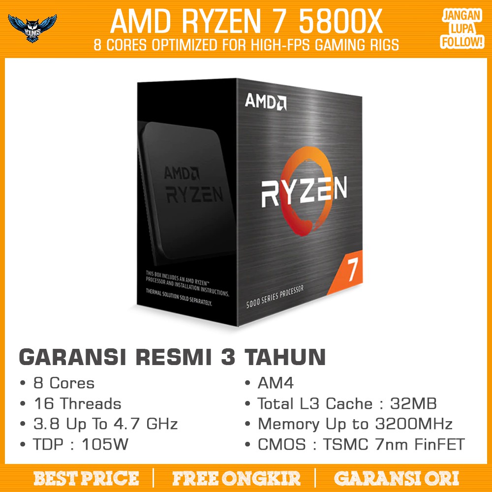 PROCESSOR AMD RYZEN 7 5800X 3.8GHz UpTo 4.7GHz AM4 GARANSI 3 TAHUN