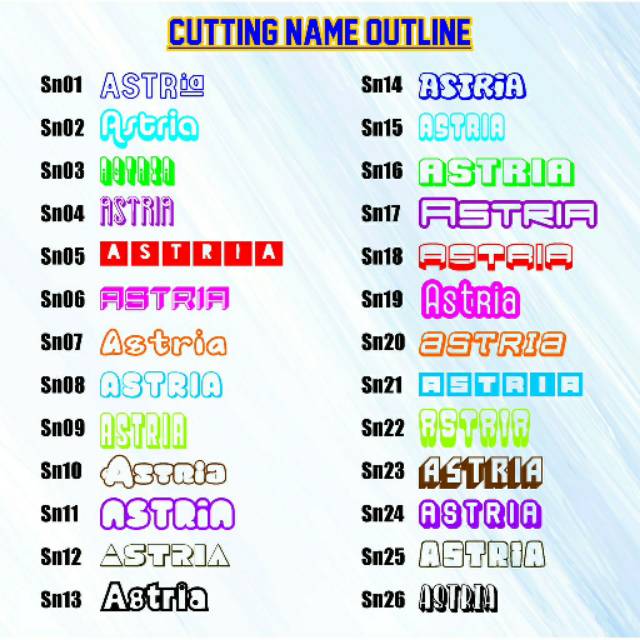 

CUTTING STICKER NAMA OUTLINE/ STIKER NAMA GARIS LUAR / STIKER OUTLINE MURAH